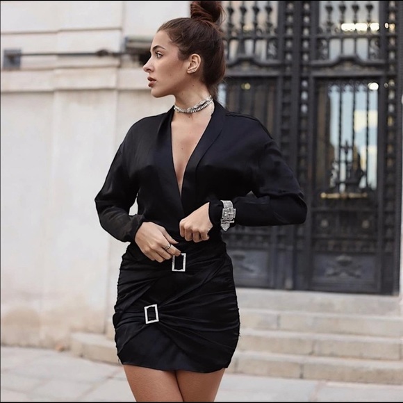 Zara Jewel Trim Satin Effect Dress Black Draped - Picture 13 of 14